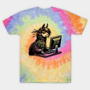 Punk Rock Goth Llama on Computer Vintage Style T-Shirt